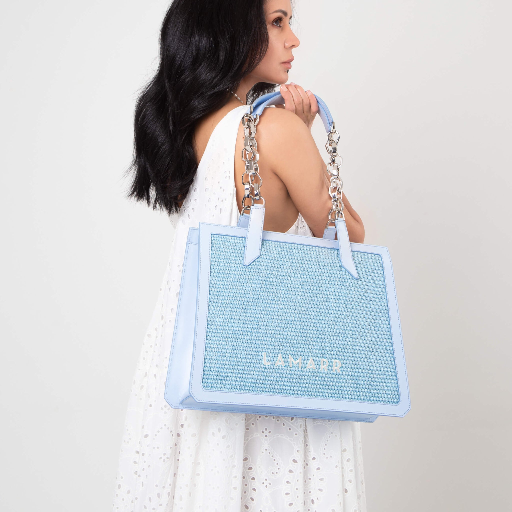 BEATRIX TOTE BAG AZZURRA CON CATENA